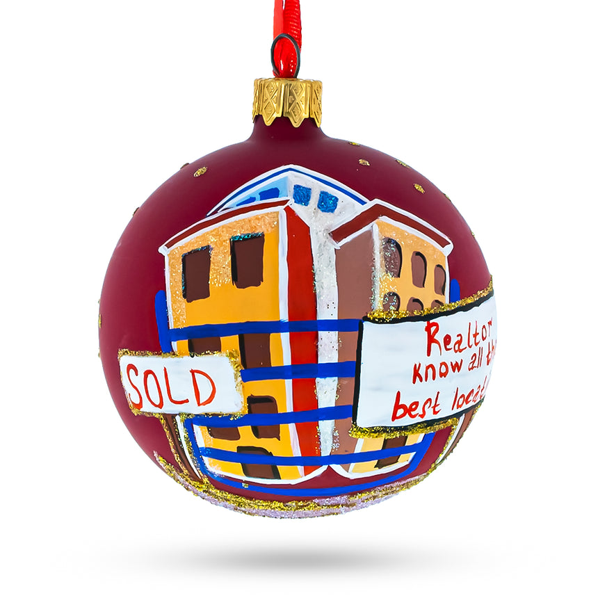 Glass Real Estate Agent Glass Ball Christmas Ornament 3.25 Inches in Red color Round