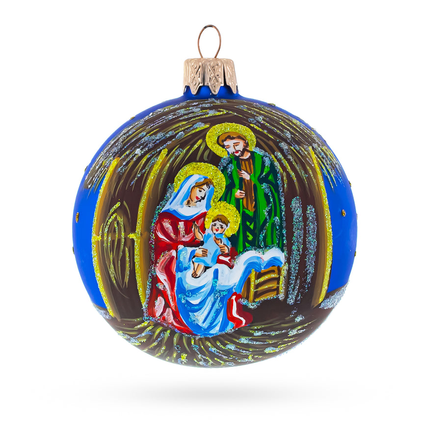 Glass Timeless Nativity Scene in Manger Glass Ball Christmas Ornament 3.25 Inches in Blue color Round