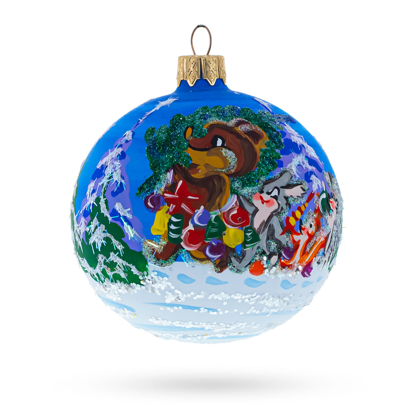 Glass Bear with Bunny and Squirrel by Christmas Tree Blown Glass Ball Ornament 3.25 Inches in Multi color Round