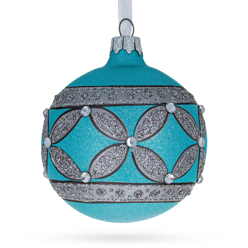 Glass American Art Nouveau Cross with Diamonds Blown Glass Ball Christmas Ornament 3.25 Inches in Blue color Round