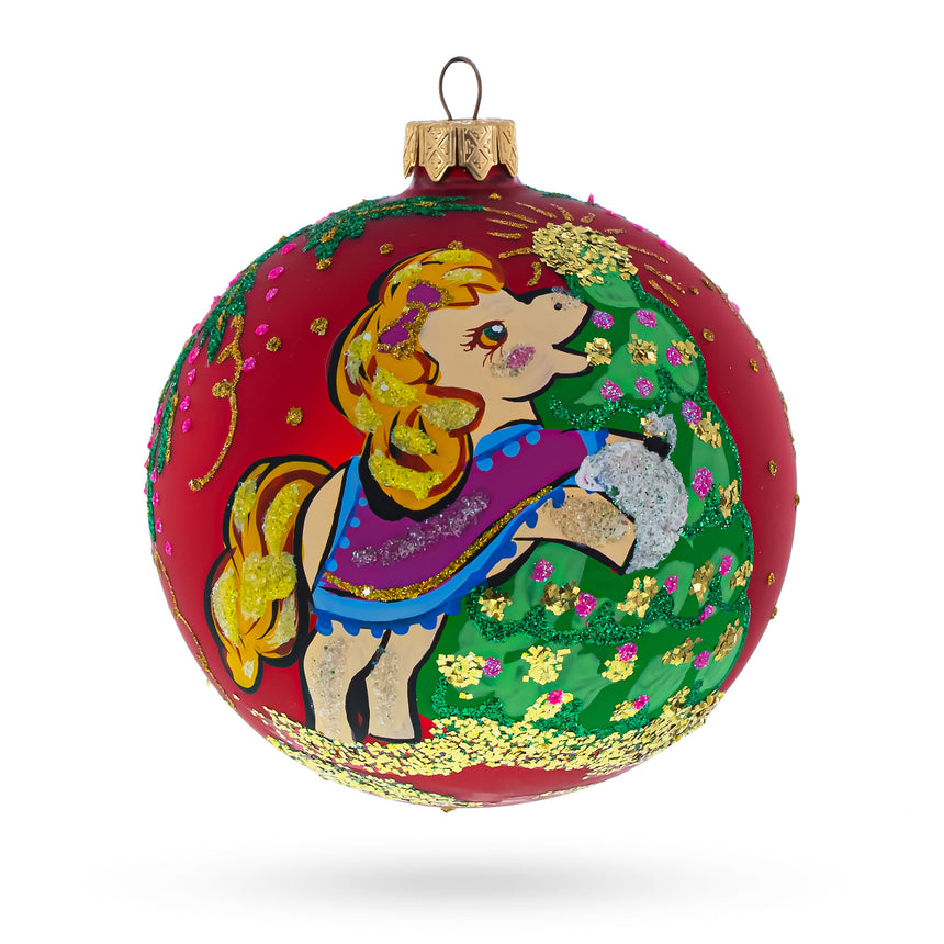 Glass Pony Horse Decorating Tree Glass Ball Christmas Ornament 4 Inches in Red color Round