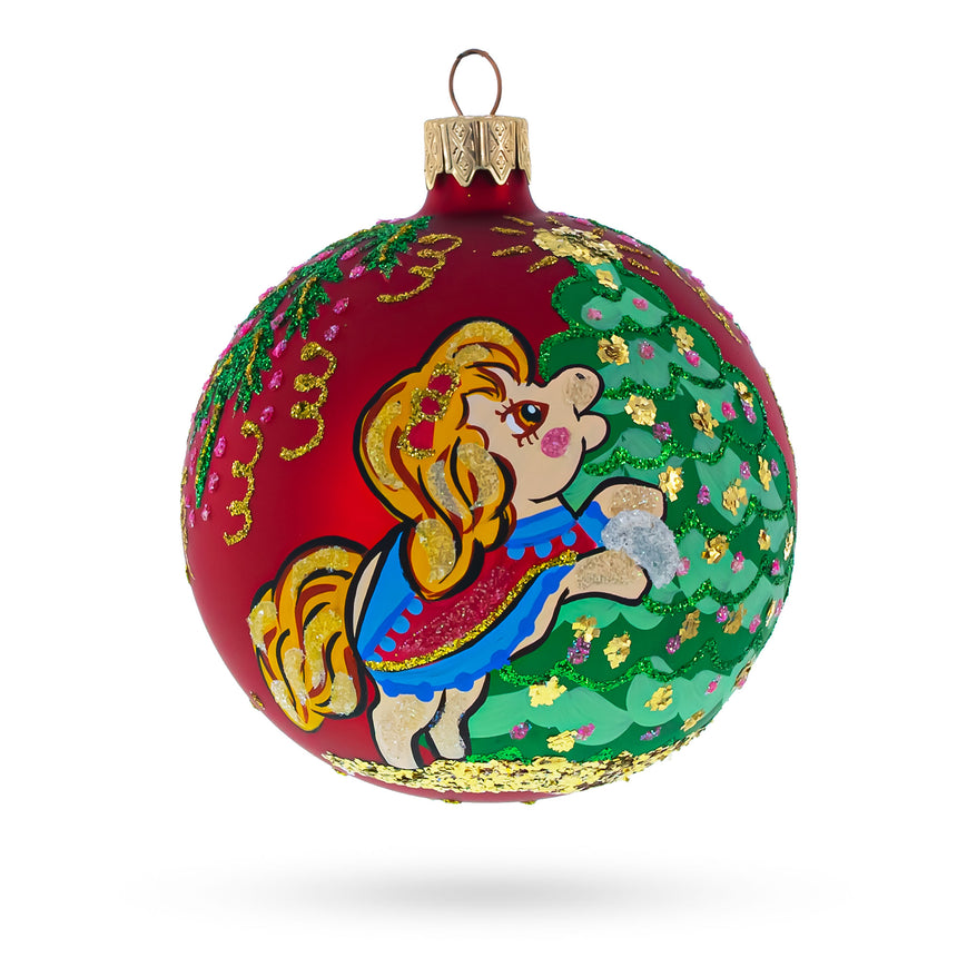 Glass Pony Horse Decorating Tree Blown Glass Ball Christmas Ornament 3.25 Inches in Red color Round