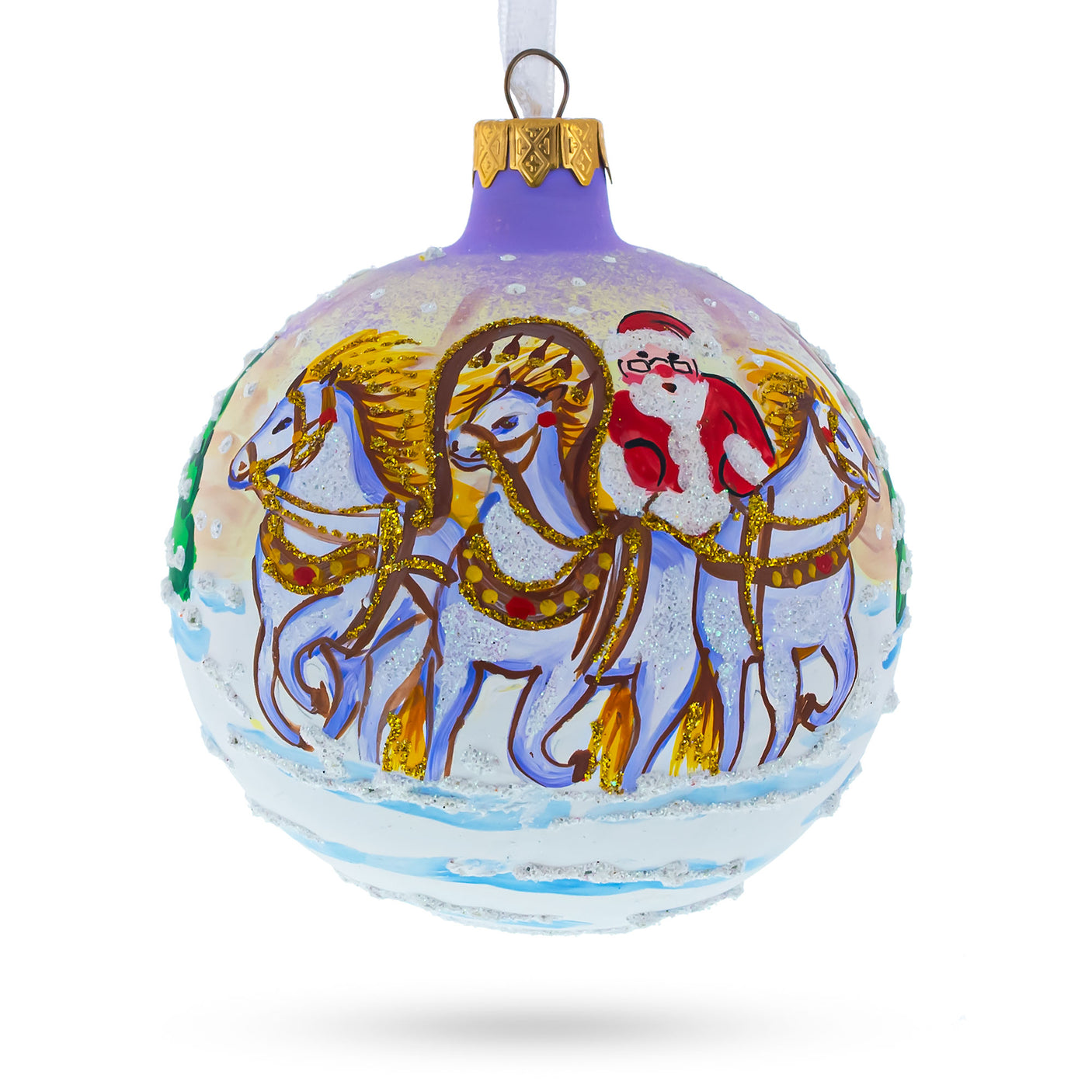 Glass Majestic Santa in Winter Riding 3 White Horses Blown Glass Ball Christmas Ornament 4 Inches in Multi color Round