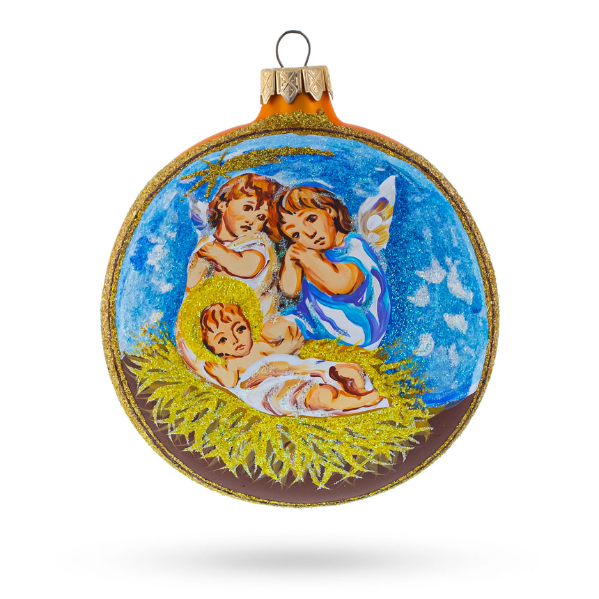 Glass Divine Angels Overlooking Baby Jesus Blown Glass Ball Christmas Ornament 4 Inches in Gold color Round