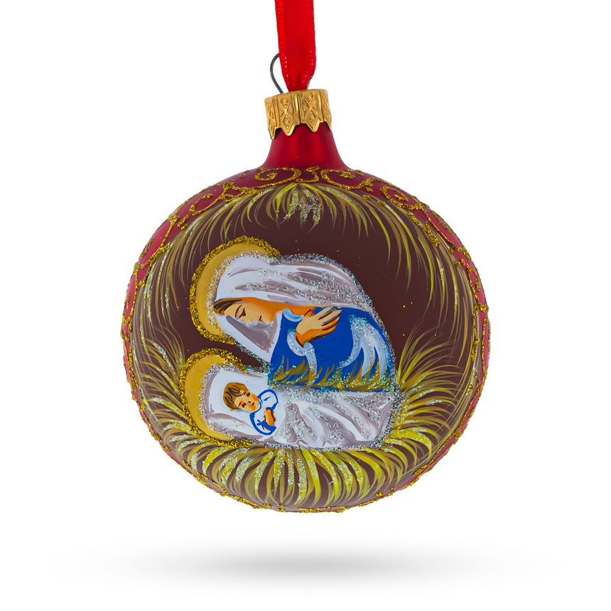 Glass Sacred Mary Overlooking Jesus Nativity Blown Glass Ball Christmas Ornament 3.25 Inches in Red color Round