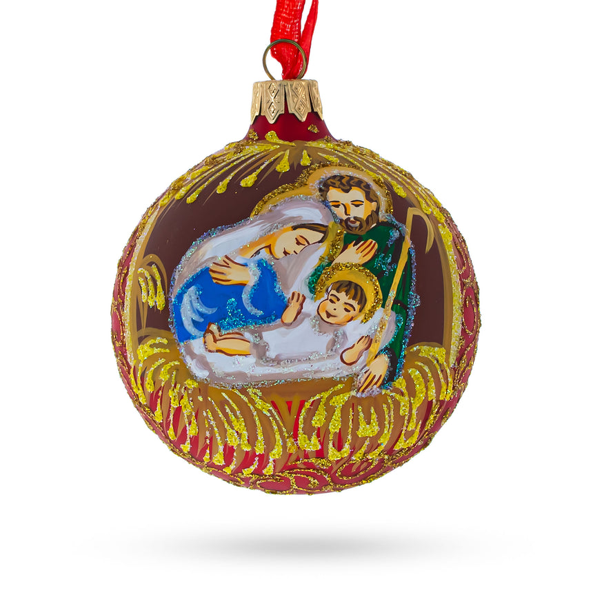 Glass Holy Family Admires Jesus Nativity Scene Glass Ball Christmas Ornament 3.25 Inches in Red color Round