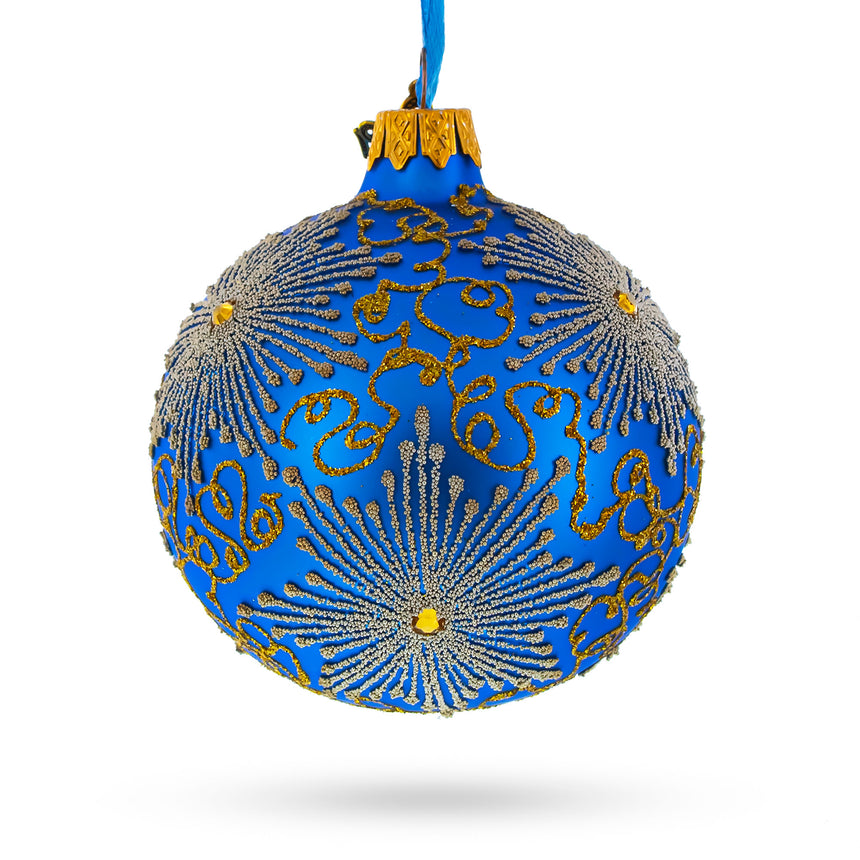 Glass Sparkling Jeweled Snowflakes on Blue Glass Ball Christmas Ornament 3.25 Inches in Blue color Round