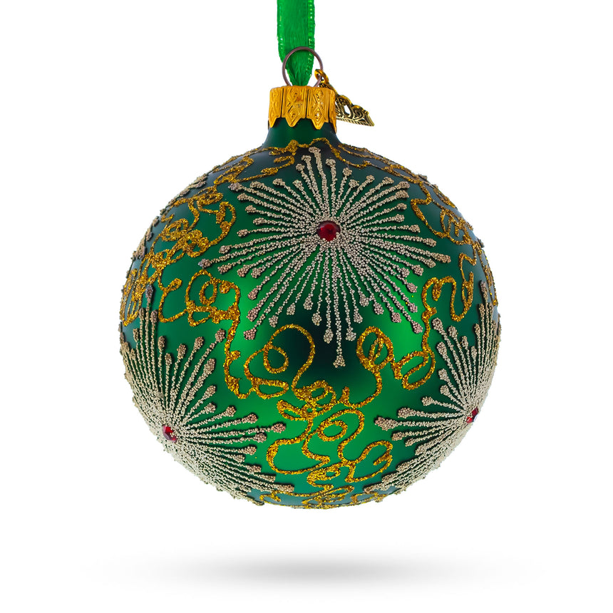 Glass Dazzling Jeweled Snowflakes on Green Glass Ball Christmas Ornament 3.25 Inches in Green color Round