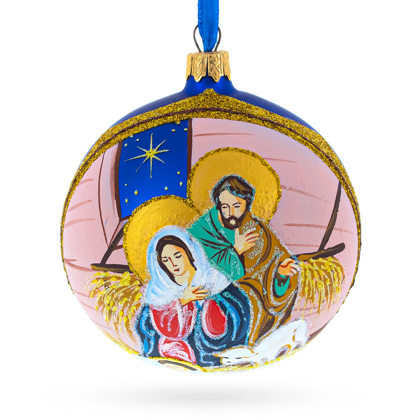 Glass Serene Baby Jesus Sleeping Nativity Scene Blown Glass Ball Christmas Ornament 4 Inches in Blue color Round