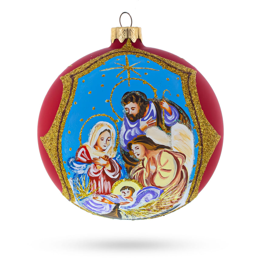 Glass Divine Angel & Holy Family Admiring Jesus Nativity Glass Ball Christmas Ornament 4 Inches in Red color Round