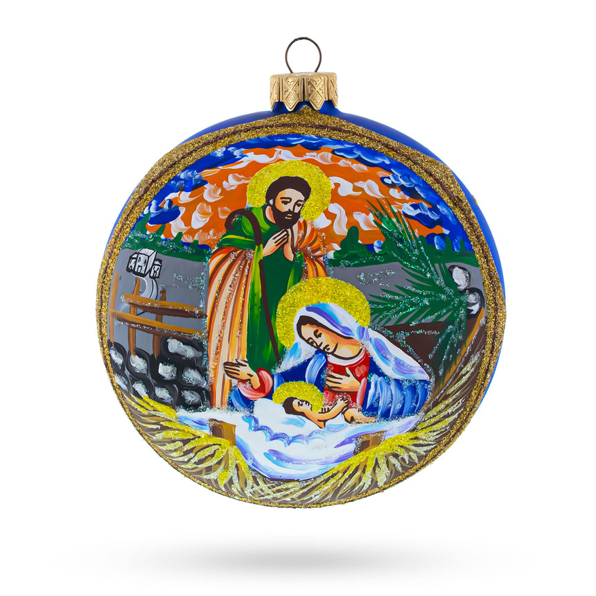 Glass Ethereal Sunset Nativity Scene Blown Glass Ball Christmas Ornament 4 Inches in Blue color Round