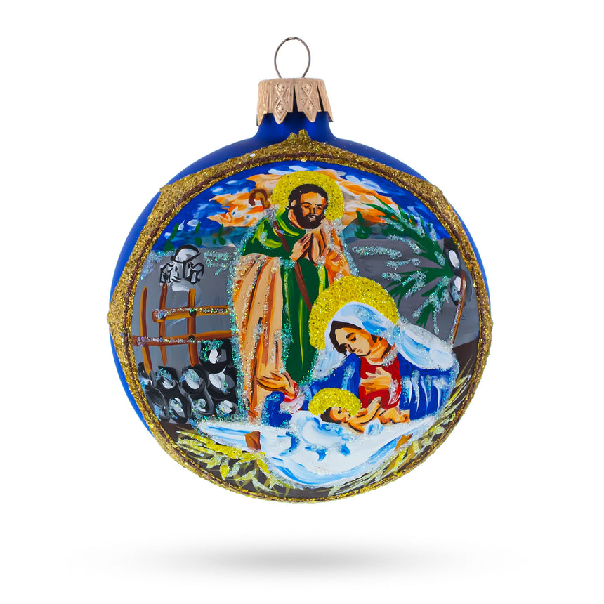 Glass Loving Joseph and Mary Admiring Baby Jesus Glass Ball Christmas Ornament 3.25 Inches in Blue color Round