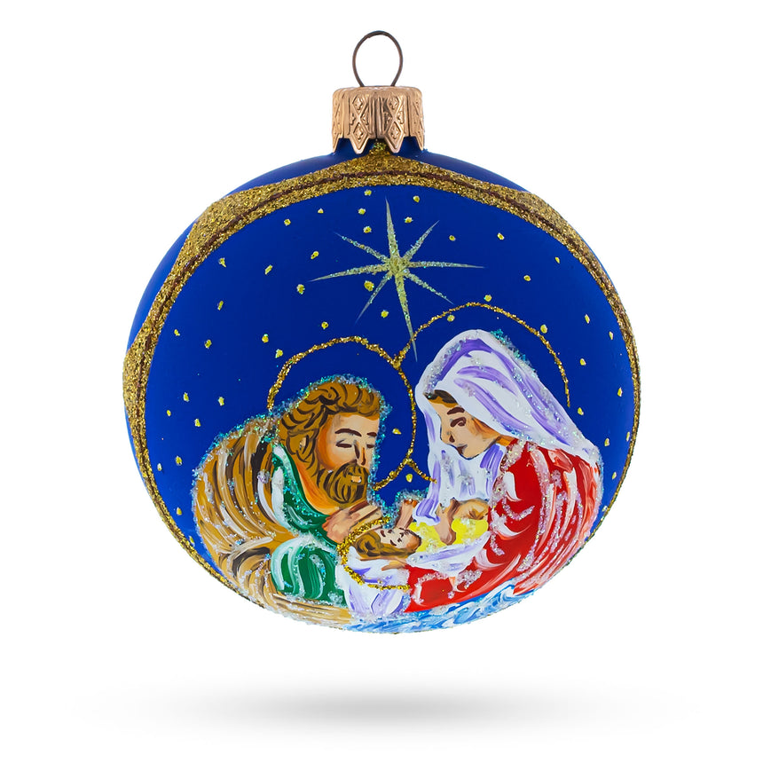 Glass Loving Joseph and Mary Admiring Baby Jesus Blown Glass Ball Christmas Ornament 3.25 Inches in Blue color Round