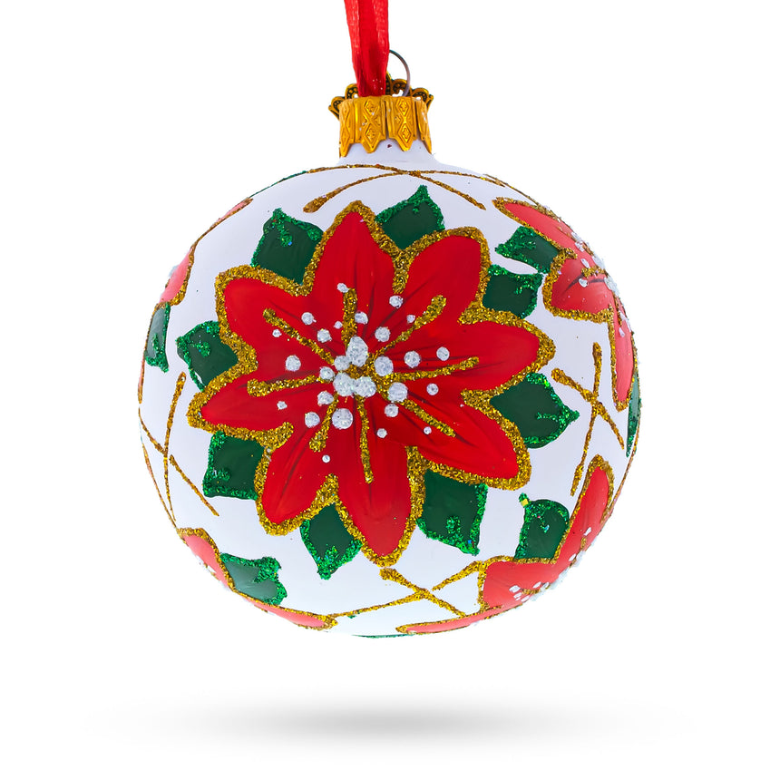 Glass Poinsettia Flowers on White Glass Ball Christmas Ornament 3.25 Inches in Multi color Round