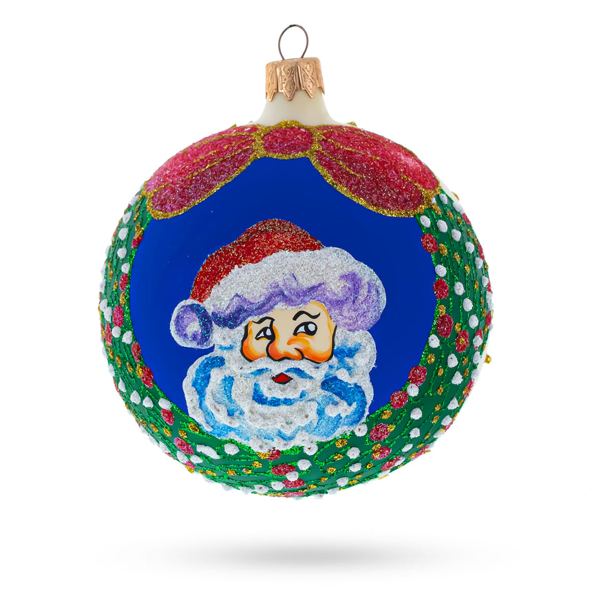 Glass Festive Santa Wreath Gifts Glass Ball Christmas Ornament 4 Inches in White color Round