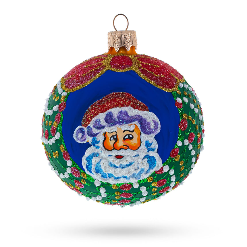 Glass Festive Santa Wreath Gifts Glass Ball Christmas Ornament 3.25 Inches in White color Round