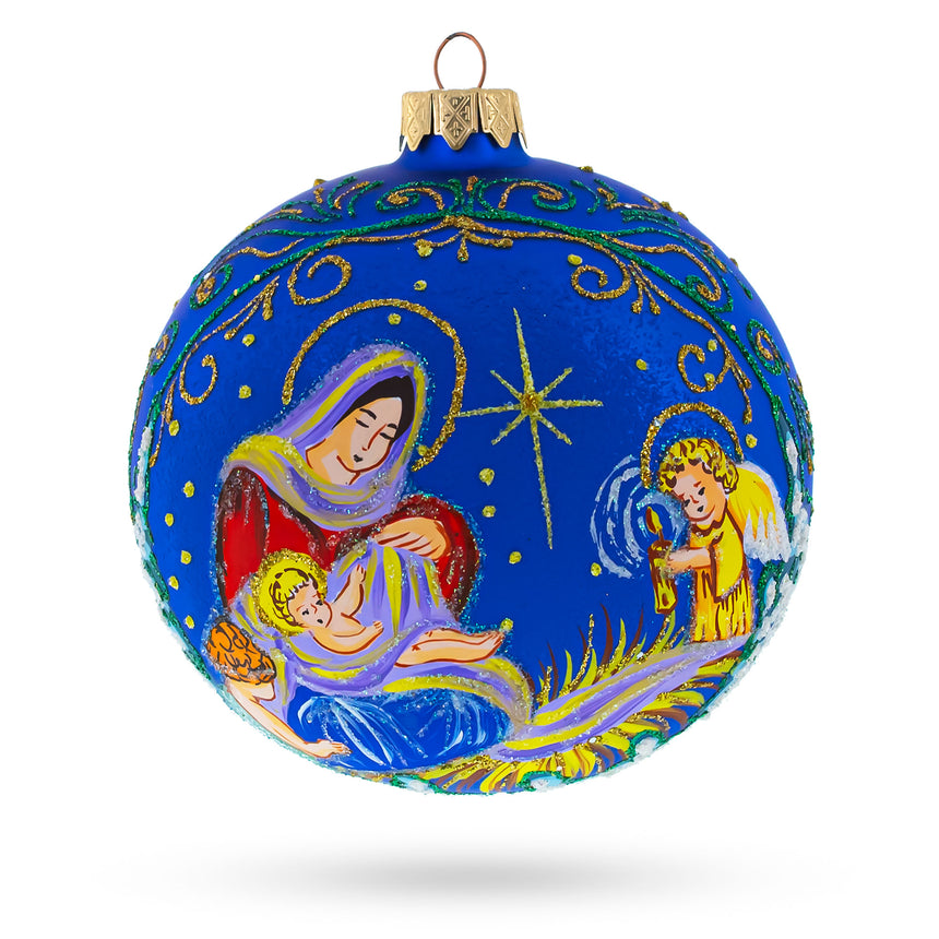 Glass Angels Singing to Baby Jesus Glass Ball Christmas Ornament 4 Inches in Blue color Round