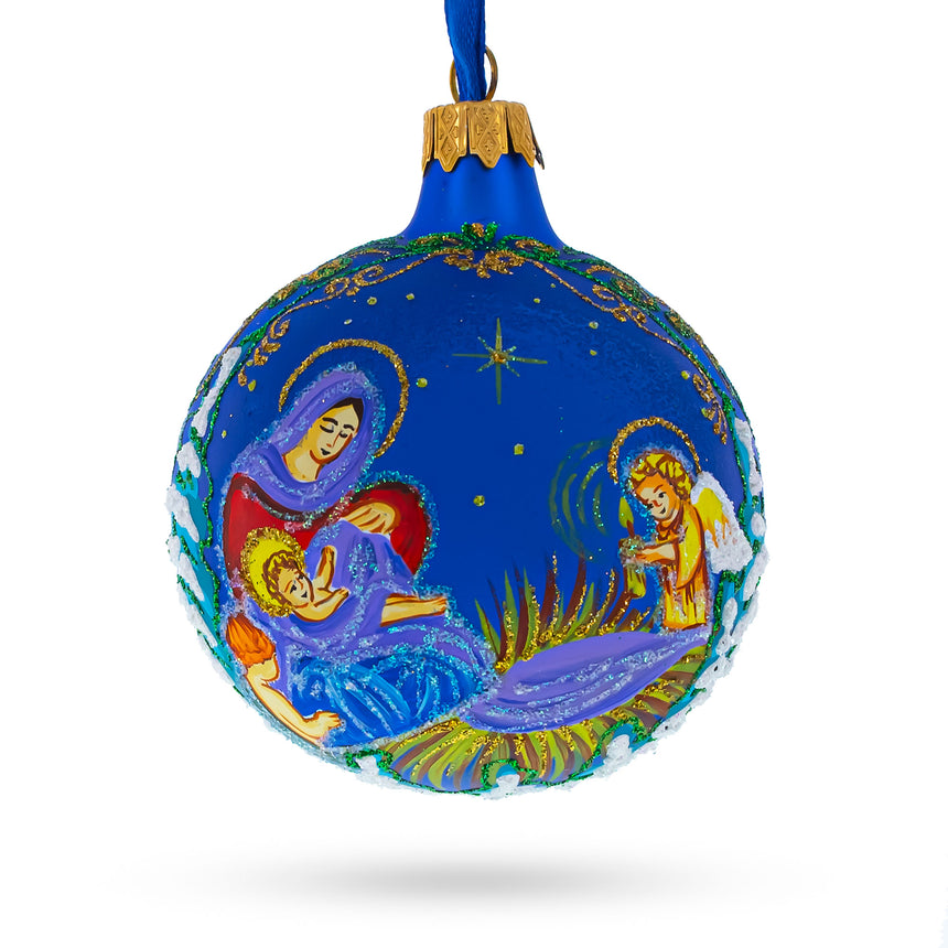 Glass Angels Singing to Baby Jesus Glass Ball Christmas Ornament3.25 Inches in Blue color Round