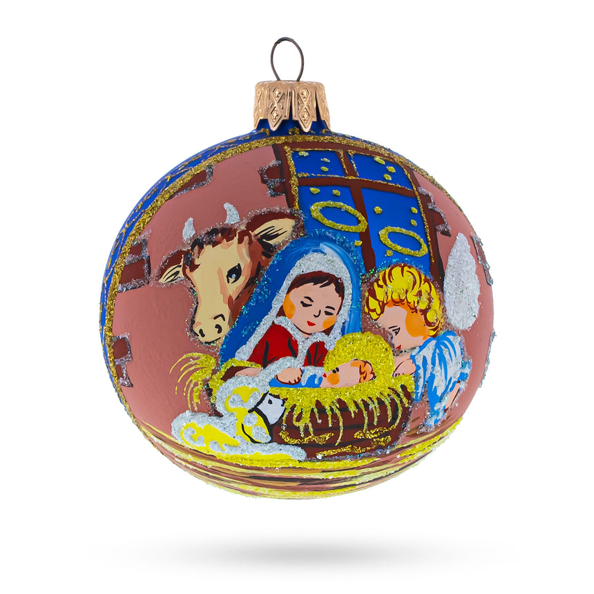 Glass Serene Silent Night Nativity Scene- Glass Ball Christmas Ornament 3.25 Inches in Blue color Round