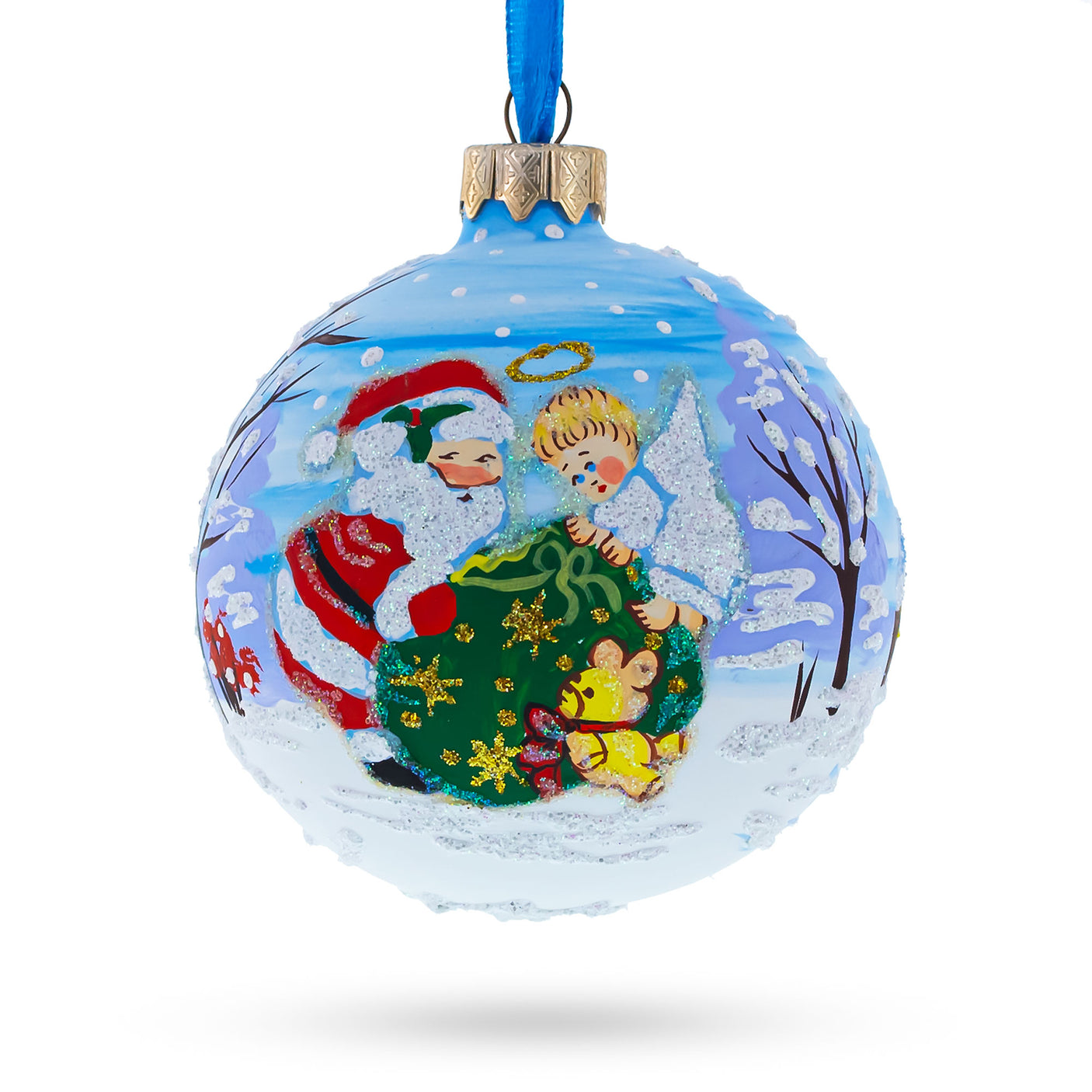 Glass Joyful Angel Helping Santa with Christmas Gifts Blown Glass Ball Christmas Ornament 3.25 Inches in Multi color Round