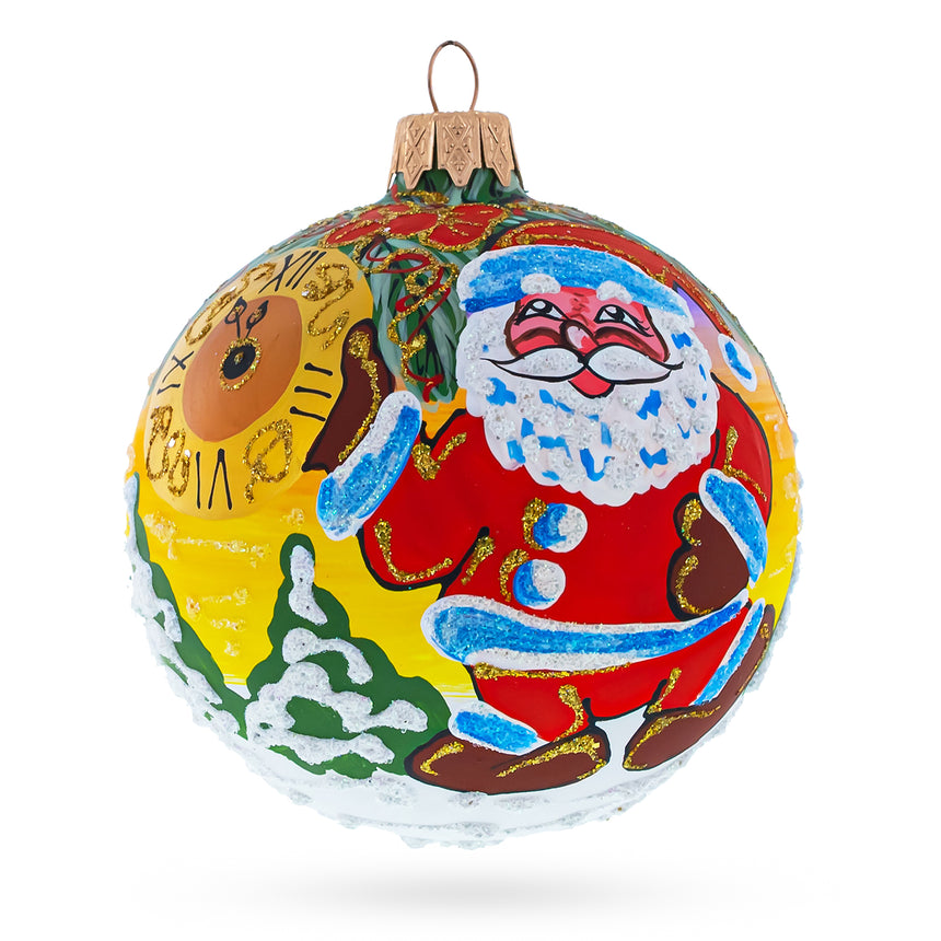 Glass Santa Awaits New Year Holiday Blown Glass Ball Christmas Ornament 3.25 Inches in Multi color Round