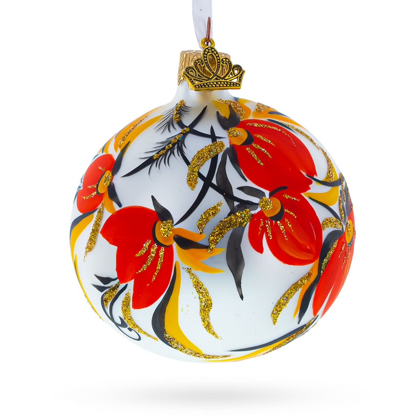 Glass Adonis Flowers in White Blown Glass Ball Christmas Ornament in White color Round