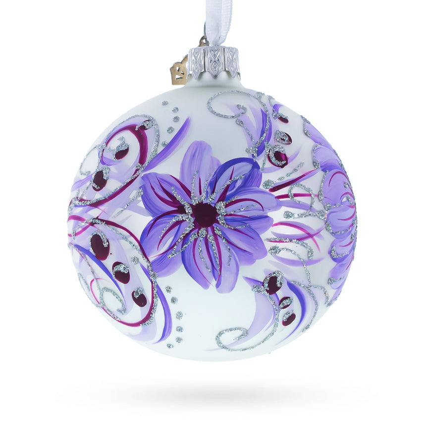 Glass Gerbera Flowers on Purple Blown Glass Ball Christmas Ornament in White color Round