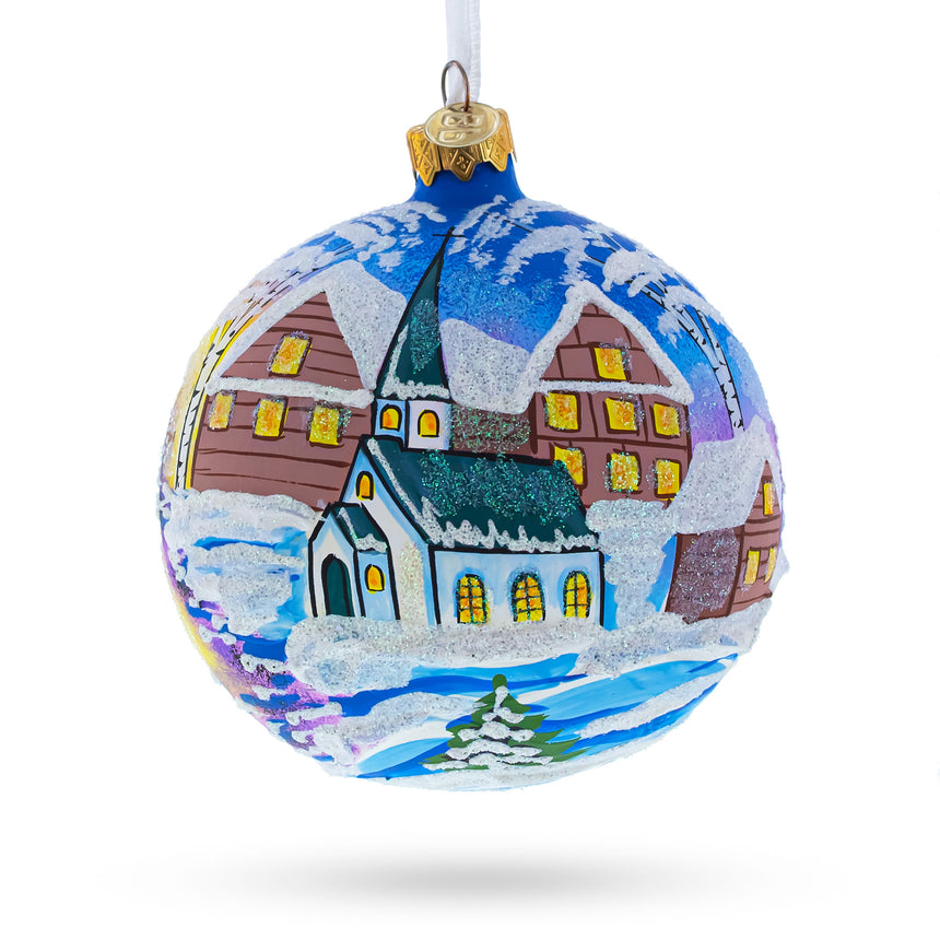 Glass Ukrainian Winter Village Church Glass Ball Christmas Ornament 4 Inches in Multi color Round