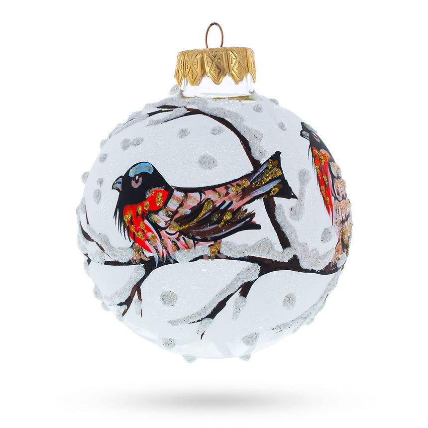 Glass Birds on a Snowy Branch Blown Glass Ball Christmas Ornament 3.25 Inches in White color Round