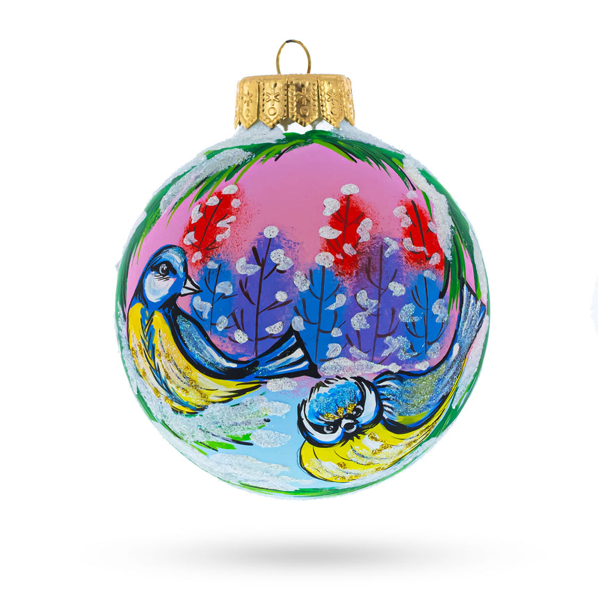 Glass Two Finches in Winter Glass Ball Christmas Ornament 4 Inches in Multi color Round