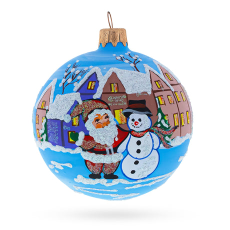 Glass Santa & Snowman Winter Village Scene Blown Glass Ball Christmas Ornament 3.25 Inches in Multi color Round