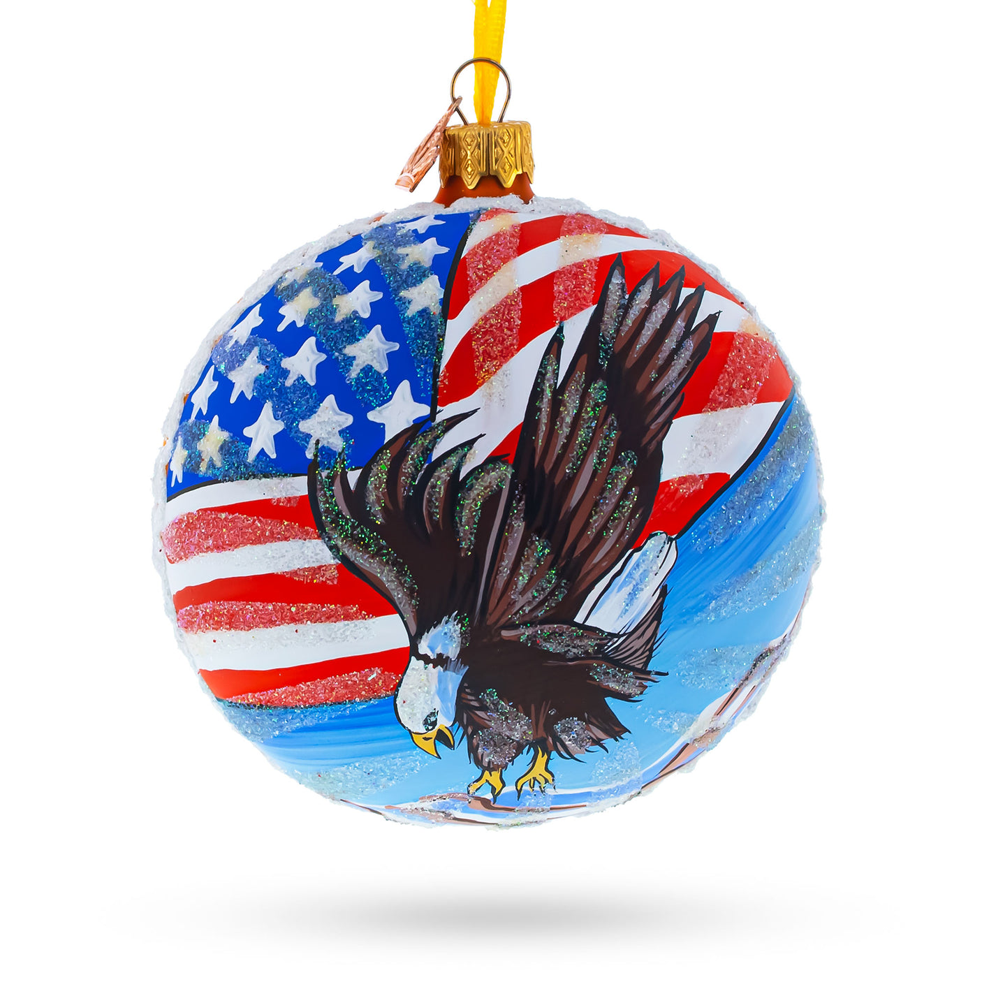 Glass USA Flag and Bald Eagle Blown Glass Ball Christmas Ornament 4 Inches in Orange color Round