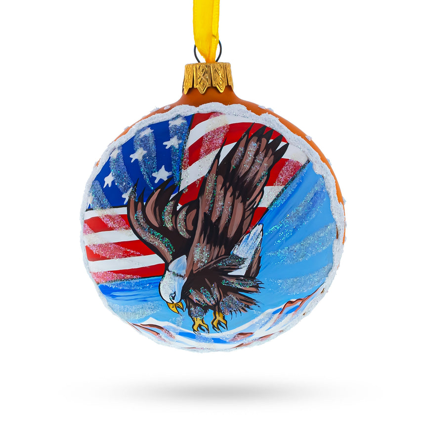 Glass USA Flag and Bald Eagle Glass Ball Christmas Ornament 3.25 Inches in Orange color Round