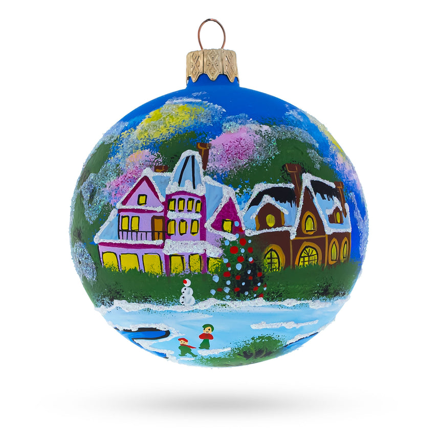 Glass Enchanted Christmas Night Winter Village Scene Blown Glass Ball Ornament 3.25 Inches in Multi color Round