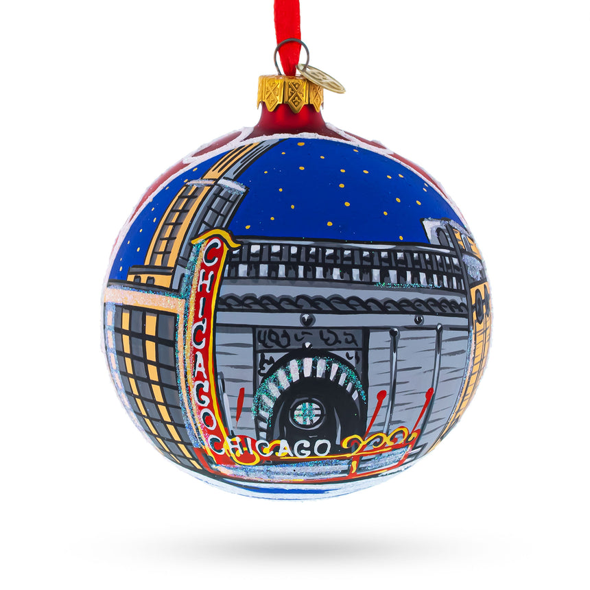 Glass Chicago Theater, Illinois, USA Blown Glass Ball Christmas Ornament 4 Inches in Red color Round