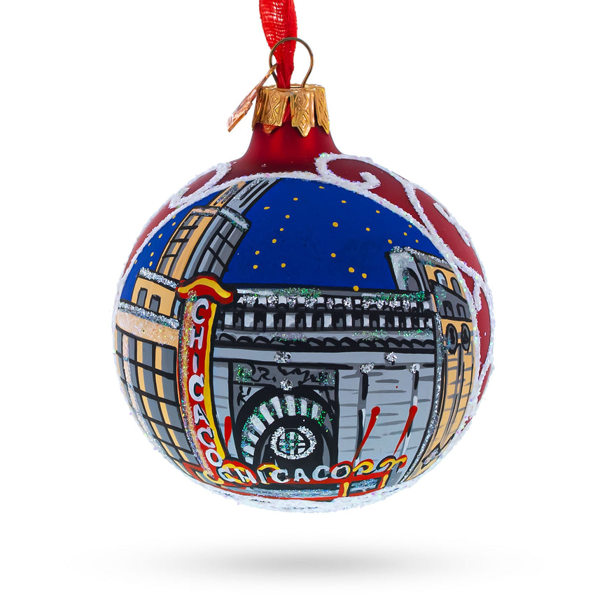 Glass Iconic Chicago Theater - Artisan Blown Glass Ball Christmas Ornament 3.25 Inches in Red color Round