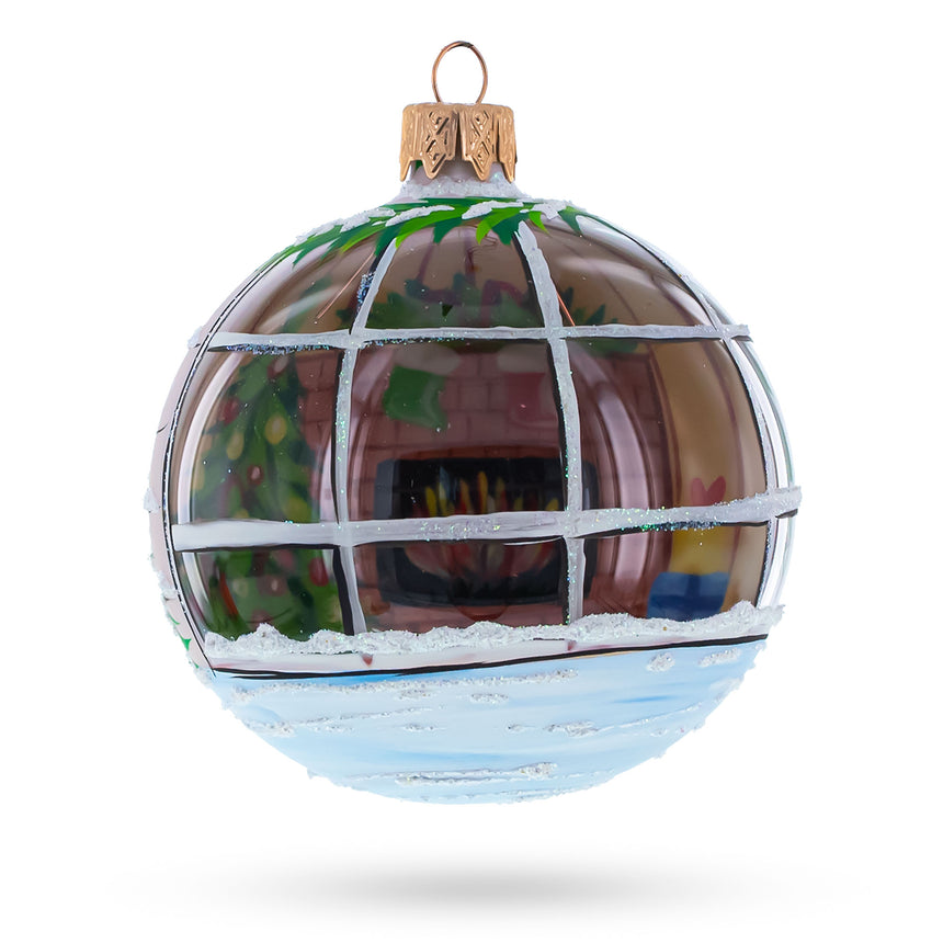 Glass Santa Peeking Through House Window  Glass Ball Christmas Ornament  3.25 Inches in Multi color Round