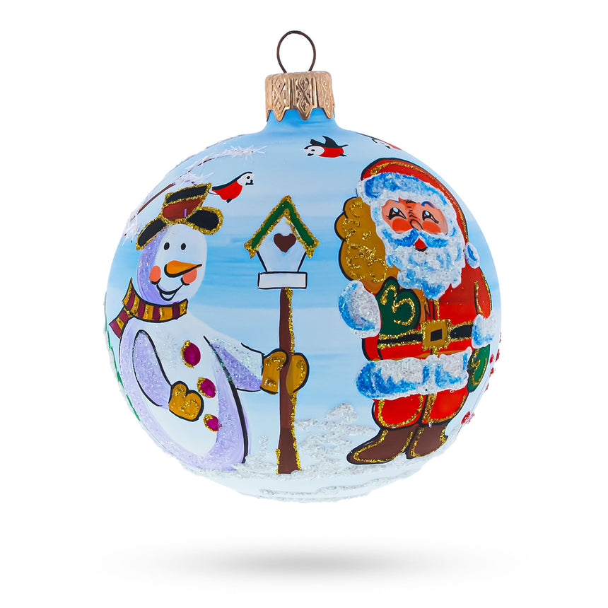 Glass Enchanting Snowman with Bird House and Santa Blown Glass Ball Christmas Ornament 3.25 Inches in Multi color Round