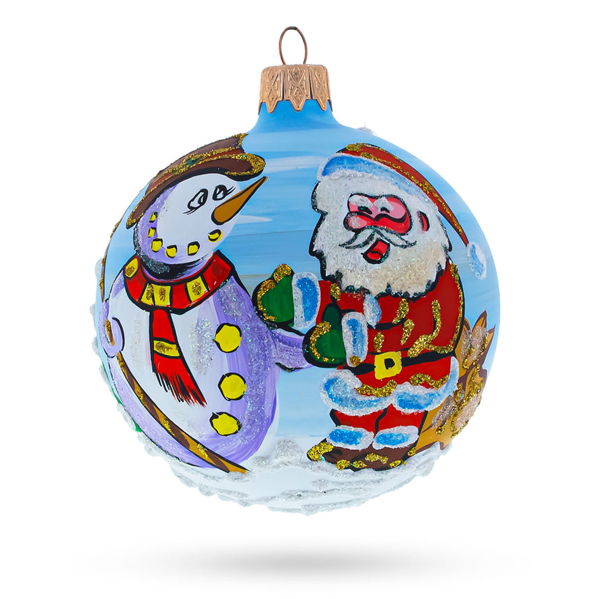 Glass Joyful Laughing Santa with Snowman Blown Glass Ball Christmas Ornament 3.25 Inches in Multi color Round