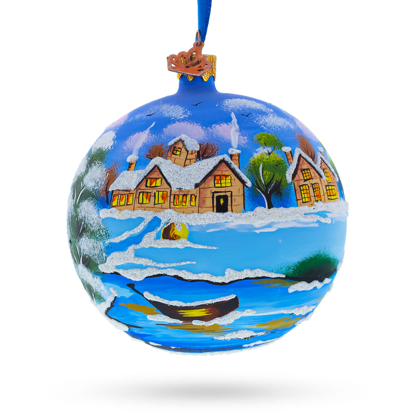 Glass Serene Winter Village Scene with Lake Blown Glass Ball Christmas Ornament 4 Inches in Blue color Round