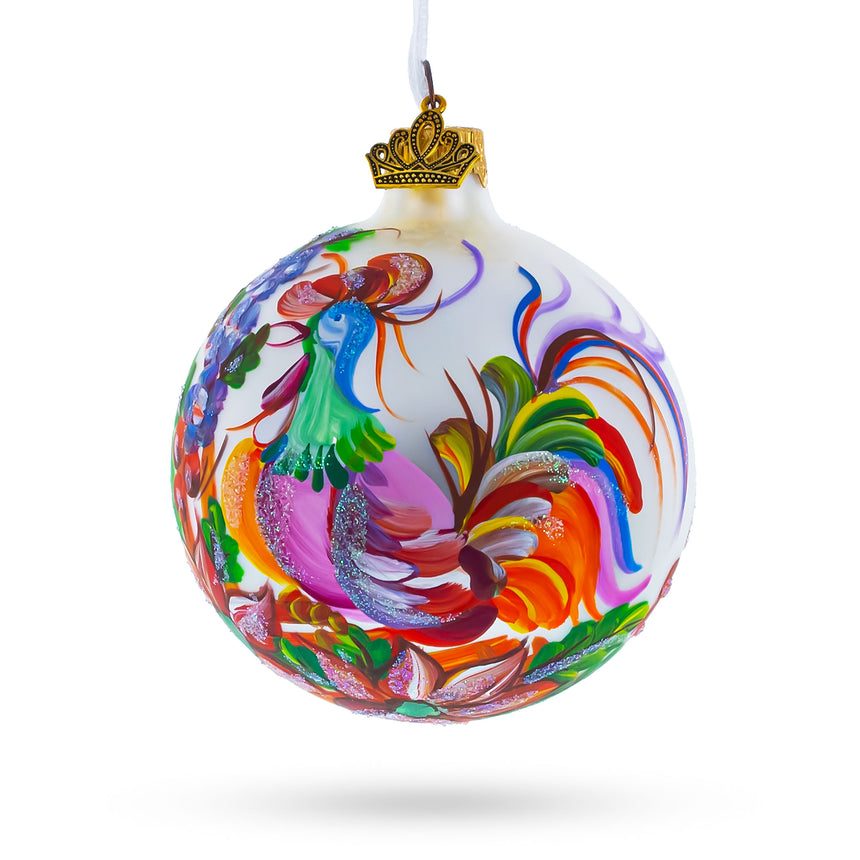 Glass Vibrant Rooster with Flowers Blown Glass Ball Christmas Ornament 3.25 Inches in White color Round