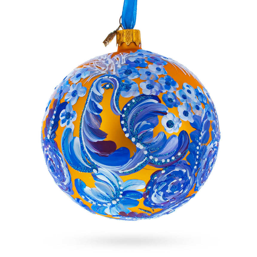 Glass Majestic Firebird Amidst Hyacinth Flowers Blown Glass Ball Christmas Ornament in Multi color Round