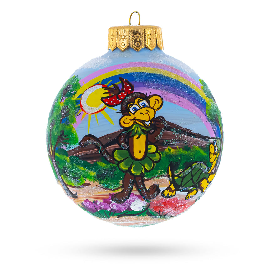 Glass Lady Monkey Under Rainbow Blown Glass Ball Christmas Ornament 4 Inches in Multi color Round