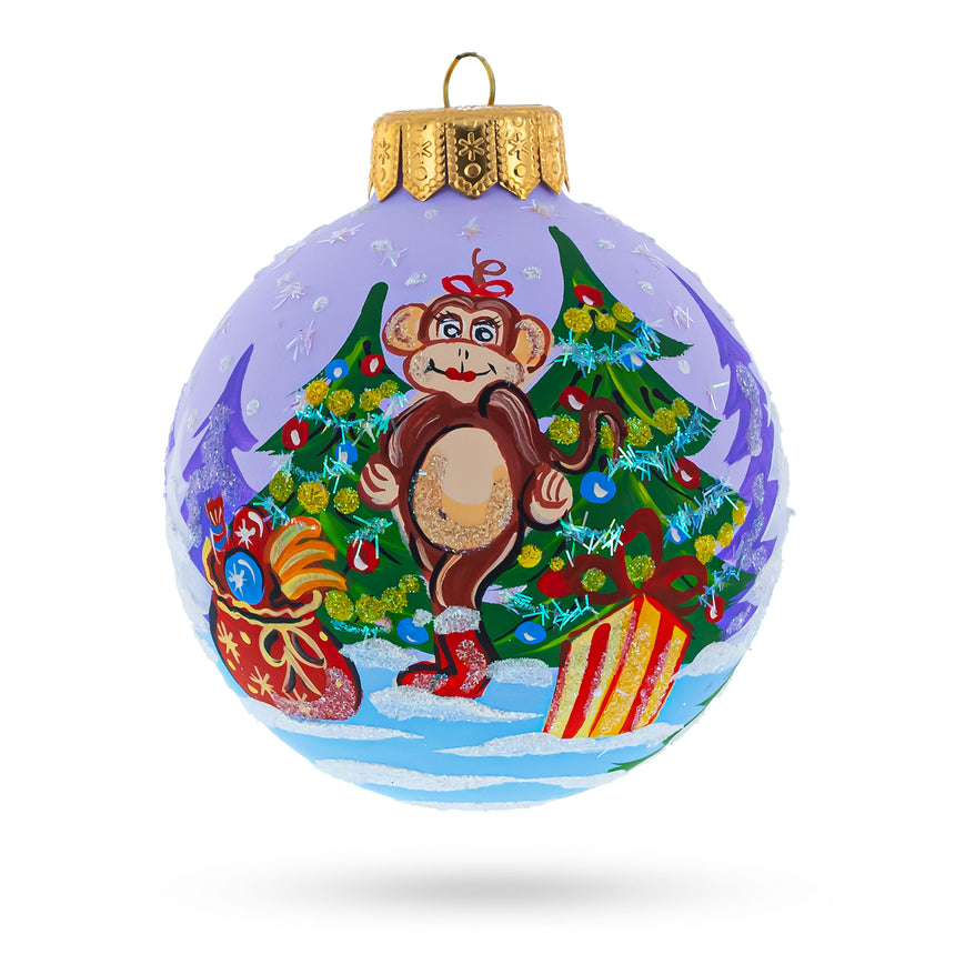 Glass Monkey with Christmas Gifts Blown Glass Ball Christmas Ornament 4 Inches in Multi color Round