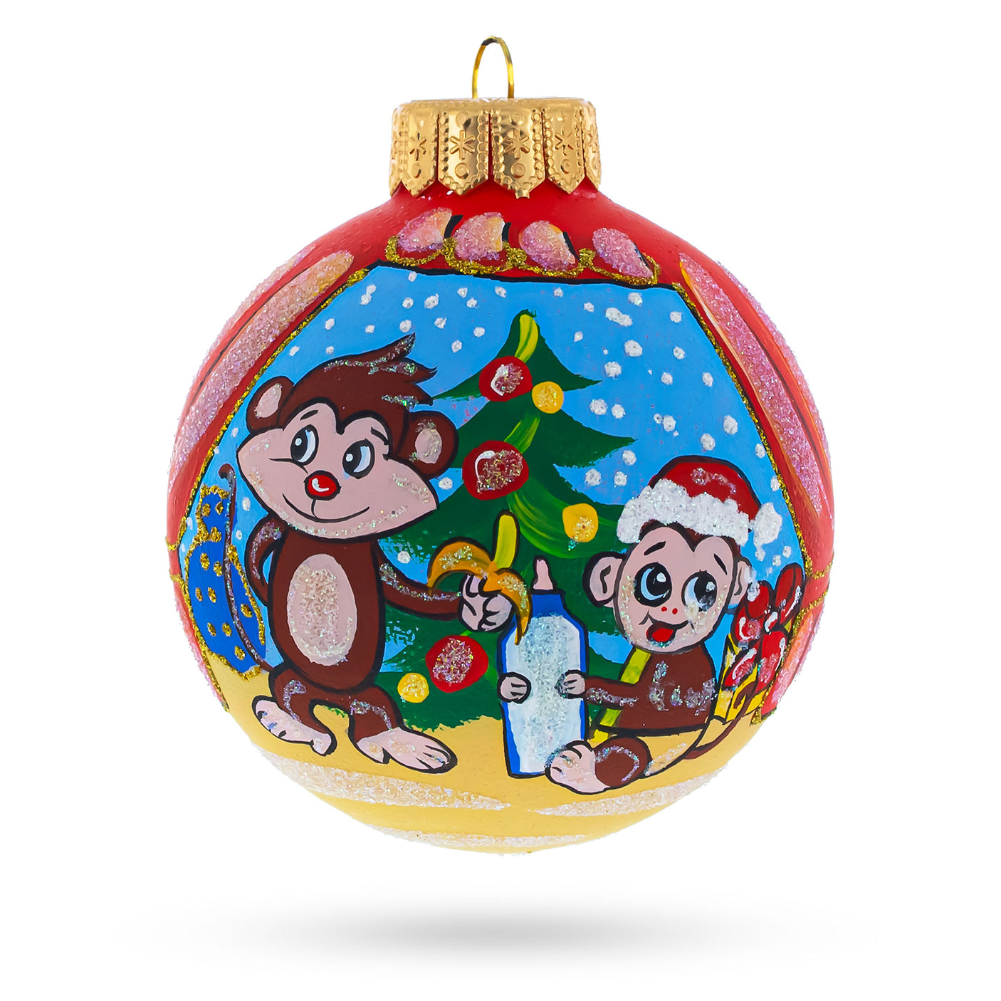 Glass Monkey and Baby by Christmas Tree Artisan Blown Glass Ball Christmas Ornament 4 Inches in Multi color Round