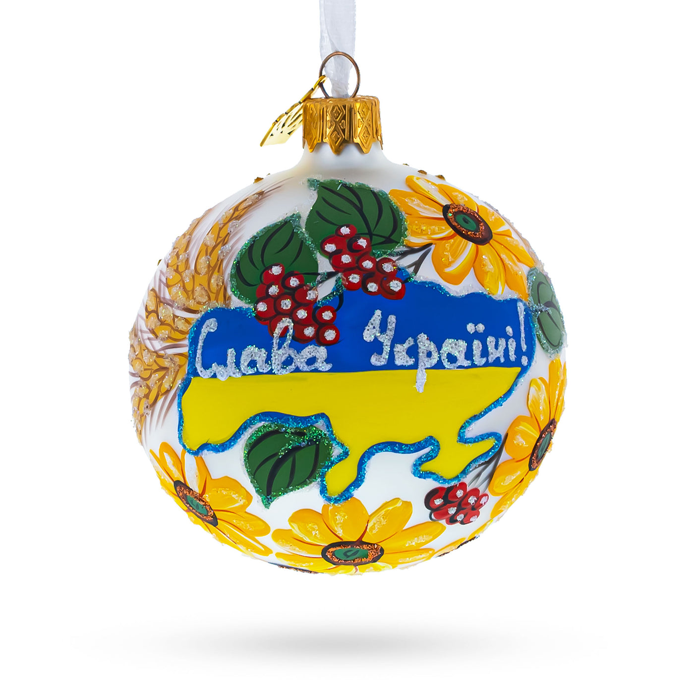 Glass "Glory to Ukraine" National Map Blown Glass Ball Christmas Ornament 4 Inches in White color Round