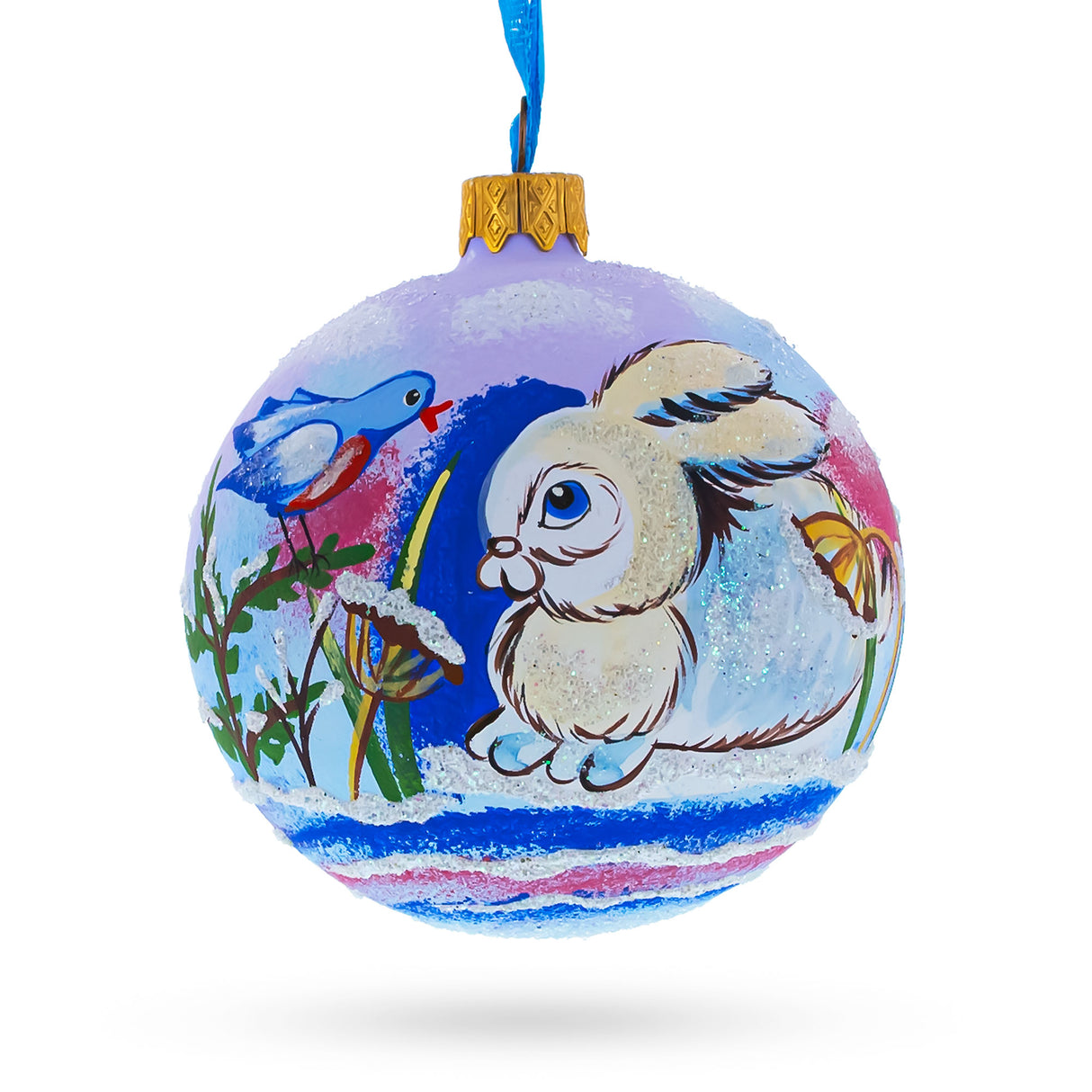 Glass Charming Bunny Rabbit and Bird Whimsical Blown Glass Ball Christmas Ornament  3.25 Inches in Multi color Round