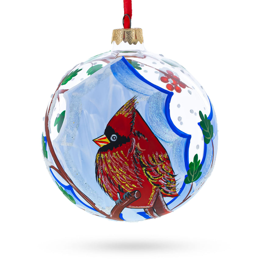 Glass Cardinal Winter Scene Glass Ball Christmas Ornament 4 Inches in Multi color Round