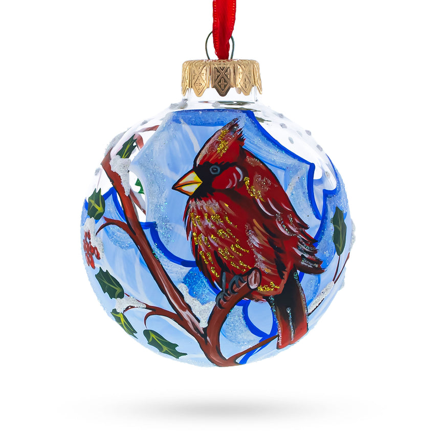 Glass Cardinal Winter Scene Blown Glass Ball Christmas Ornament  3.25 Inches in Multi color Round