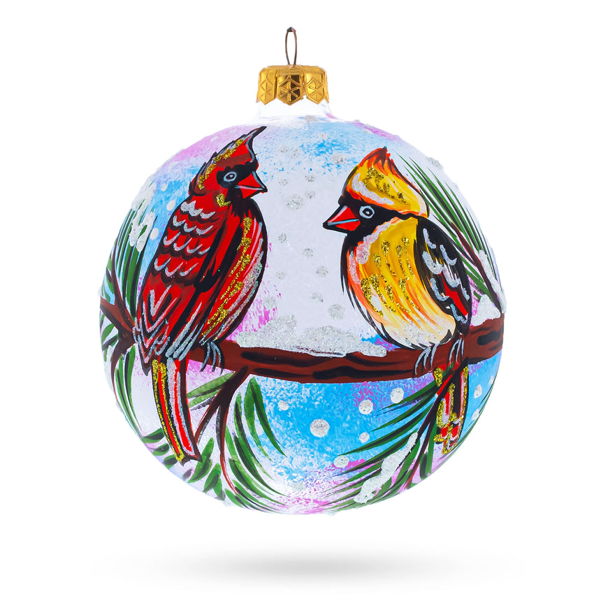 Glass Two Cardinals in Snowy Scenery Blown Glass Ball Christmas Ornament 4 Inches in Multi color Round